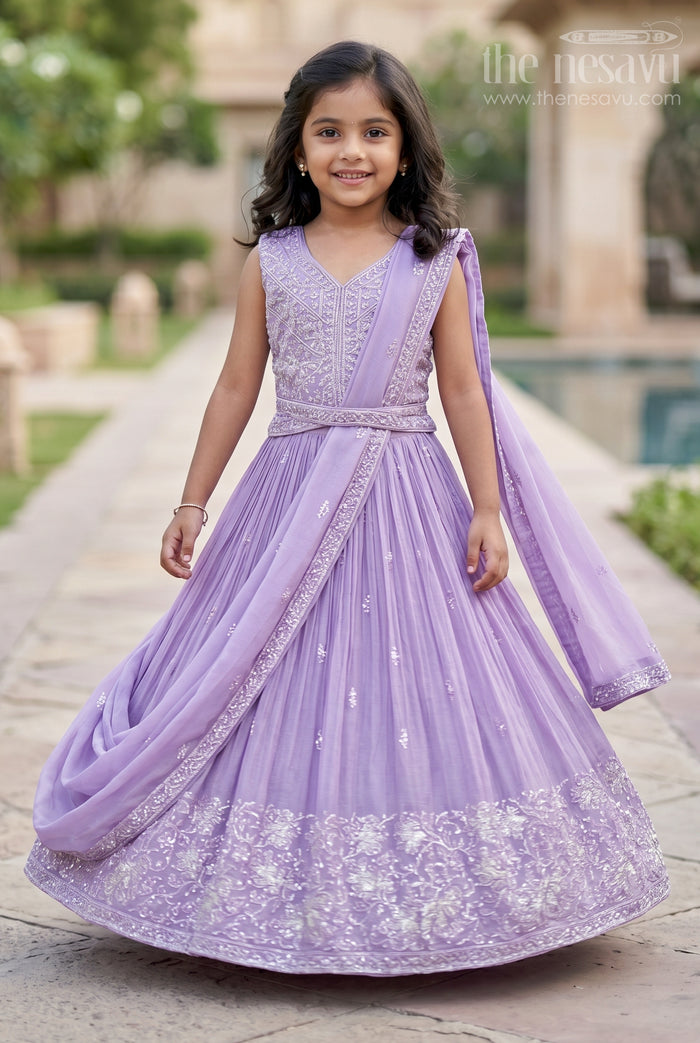 The Nesavu Girls Lehenga Choli Saree Style Lehenga for Girls Wedding and Partywear Set Nesavu 16 (1Y) / Purple GL681A-16 Nesavu Lavender Girls Saree Style Lehenga Designer Embroidery Weddings Festive Celebrations