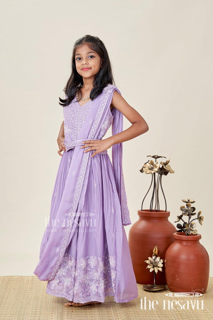 The Nesavu Girls Lehenga Choli Saree Style Lehenga for Girls Wedding and Partywear Set Nesavu Nesavu Lavender Girls Saree Style Lehenga Designer Embroidery Weddings Festive Celebrations
