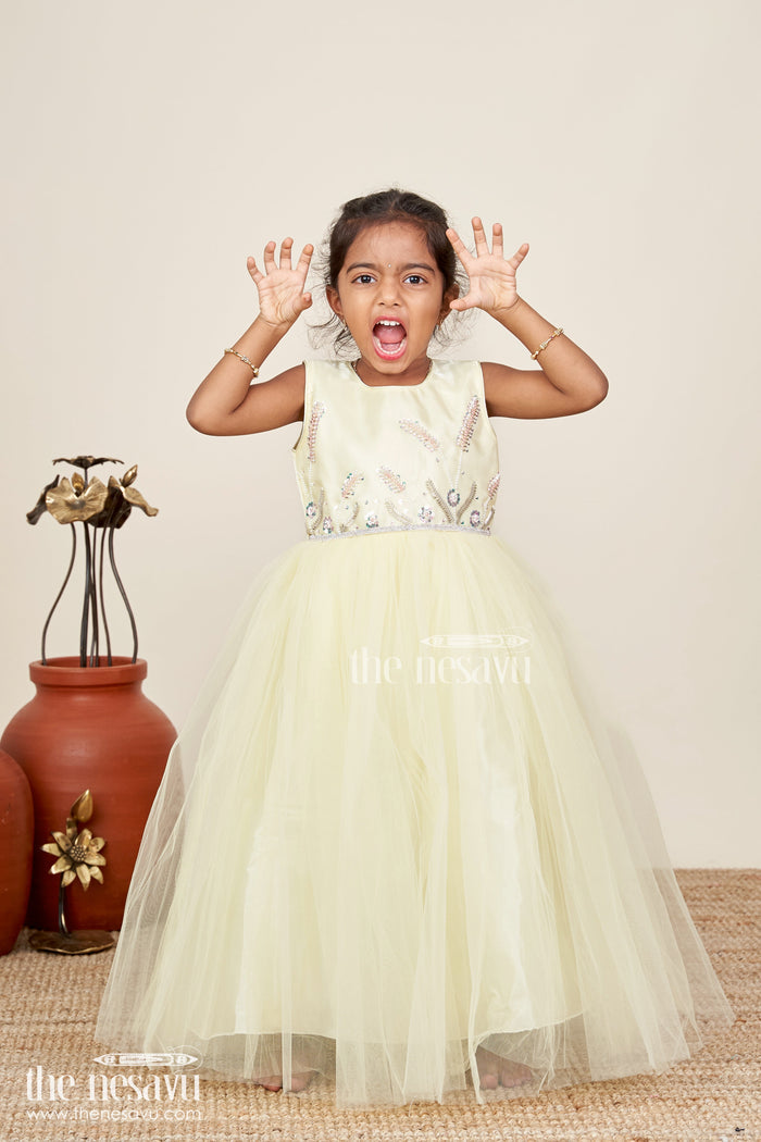 The Nesavu Girls Party Gown Satin and net party gown for girls with bead embroidery Nesavu 20 (3Y) / Yellow GA376A-20 Nesavu girls yellow party gown with satin bodice and embroidered net flare