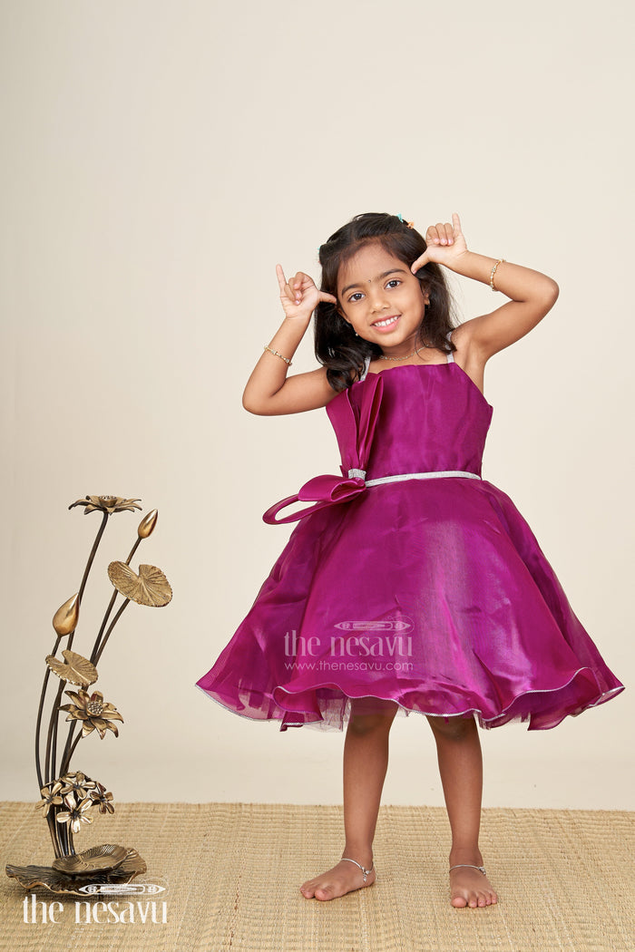 The Nesavu Girls Fancy Party Frock Satin fancy frock for baby girls with layered skirt and floral belt Nesavu 16 (1Y) / Purple PF271A-16 Nesavu baby girl purple satin party frock with layered skirt and waist embellishment