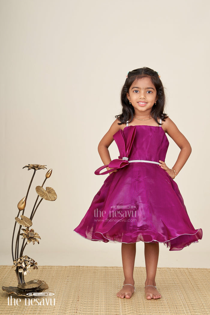 The Nesavu Girls Fancy Party Frock Satin fancy frock for baby girls with layered skirt and floral belt Nesavu Nesavu baby girl purple satin party frock with layered skirt and waist embellishment