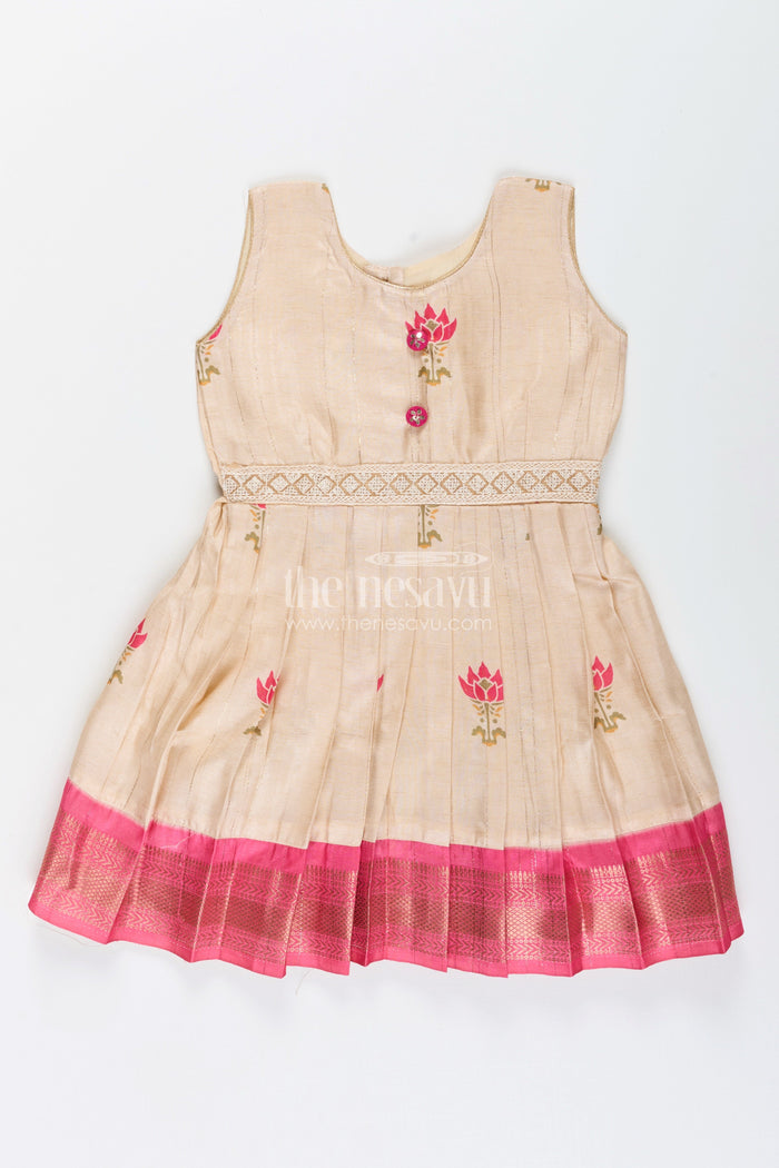 The Nesavu Silk Frock Semi banarasi silk frock for baby girls with zari border – ideal for traditional wear Nesavu 18 (2Y) / Cream SF1063A-18 Semi banarasi silk frock baby girls zari border  ideal functions festivals