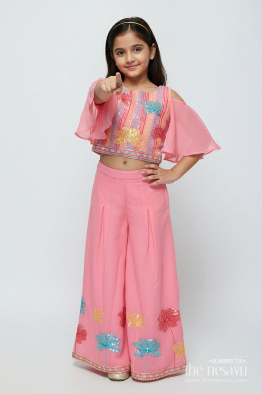 The Nesavu Girls Sharara / Plazo Set Sequinned Georgette Sharara Set for Girls with Dupatta Perfect for Weddings and Cultural Events Nesavu 22 (4Y) / Peach GPS696B-22 Nesavu girls georgette sharara set sequin embroidery dupatta festive ethnic wear