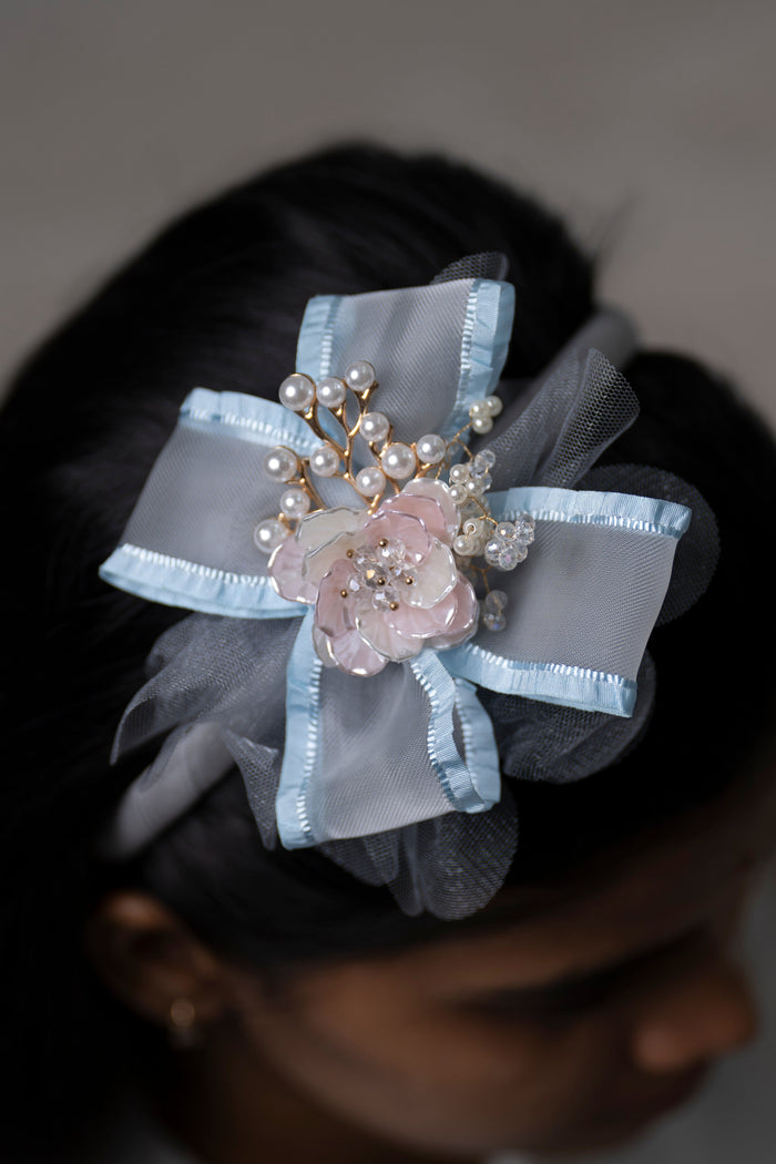 The Nesavu Hair Band Serene Blue Pearl-Embellished Floral Hairbow with Tulle Overlay Nesavu Blue JHB77C Blue and Pink Floral Hairbow with Pearls | Elegant Tulle and Satin Hair Accessory | The Nesavu