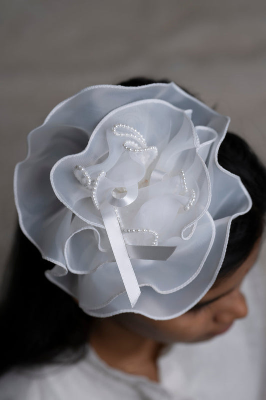 The Nesavu Hair Band Serene White Organza Blossom Hairband with Pearl Accents Nesavu White JHB82D Elegant White Organza Flower Hairband | Bridal and Special Occasion Accessory | The Nesavu