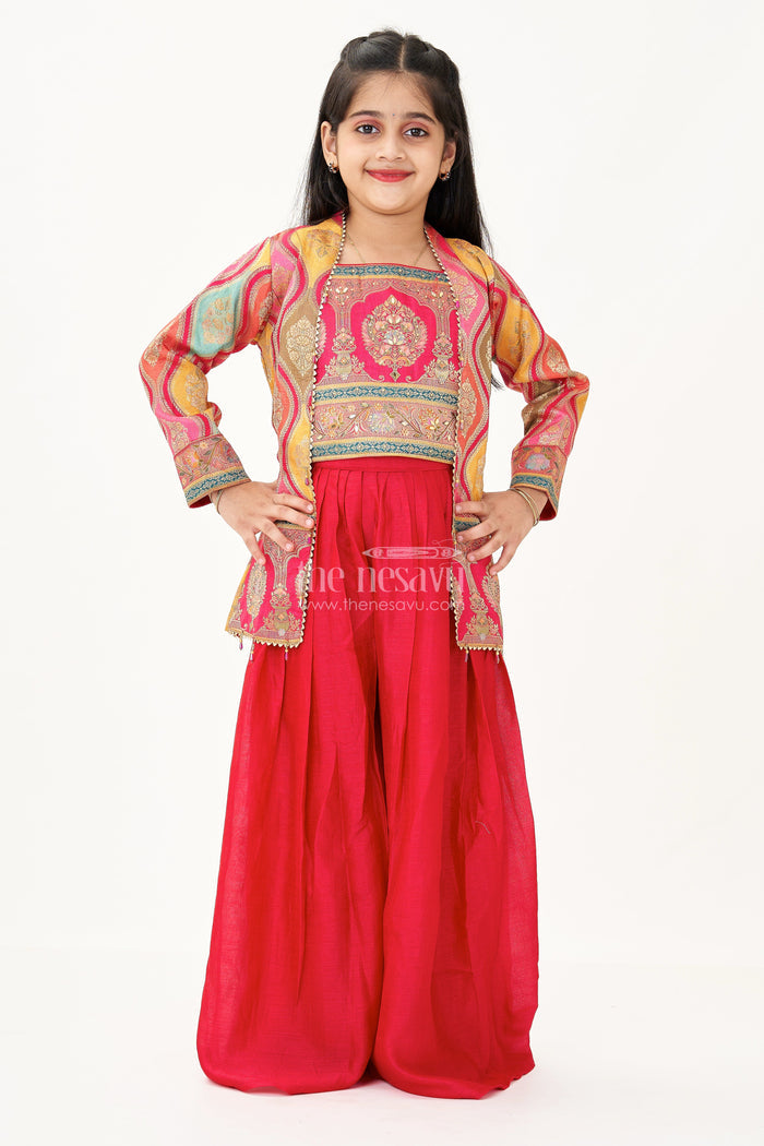 The Nesavu Girls Sharara / Plazo Set Sharara Designer Set in Pure Viscose Silk with Printed Jacket and Red Flared Pants Nesavu Nesavu Sharara Designer Set Girls Red Viscose Silk Digital Print Jacket Flared Pants