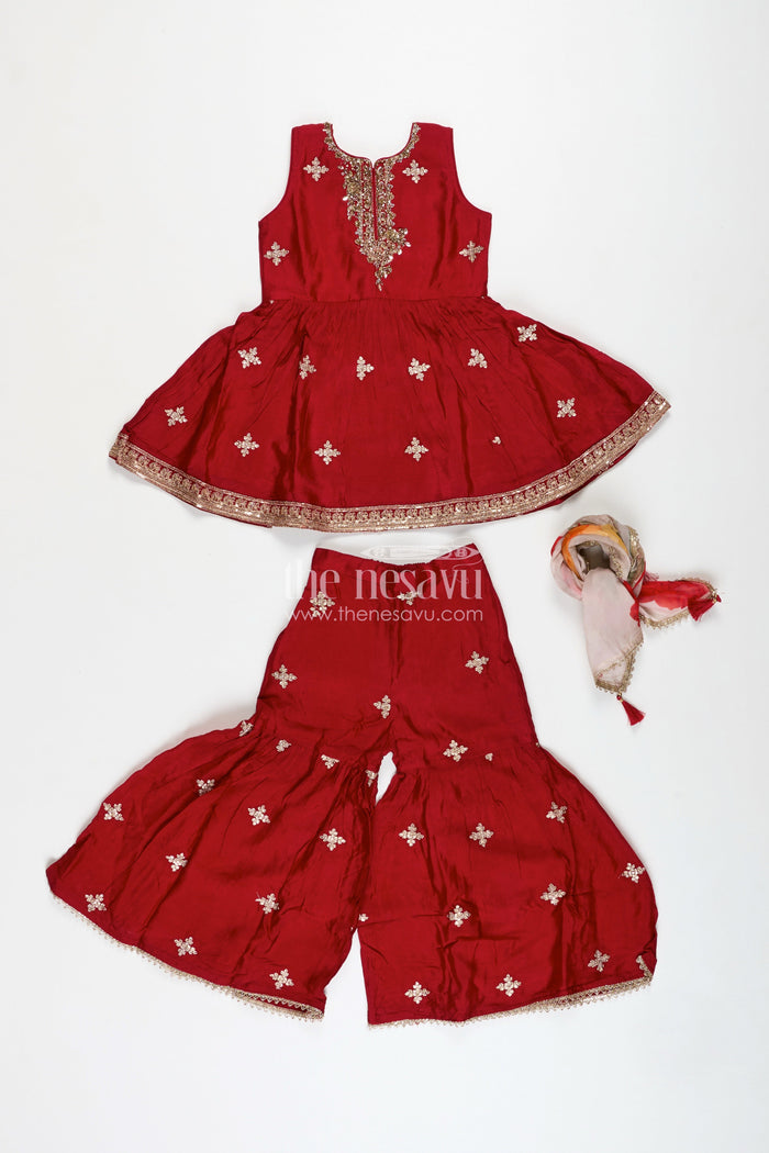 The Nesavu Girls Sharara / Plazo Set Sharara Dress for Girls Wedding Wear with Dupatta Nesavu Nesavu Maroon Kids Sharara Dress Georgette Zari Embroidery Floral Dupatta Traditional Weddings