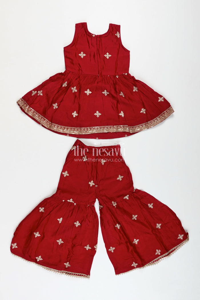 The Nesavu Girls Sharara / Plazo Set Sharara Dress for Girls Wedding Wear with Dupatta Nesavu Nesavu Maroon Kids Sharara Dress Georgette Zari Embroidery Floral Dupatta Traditional Weddings