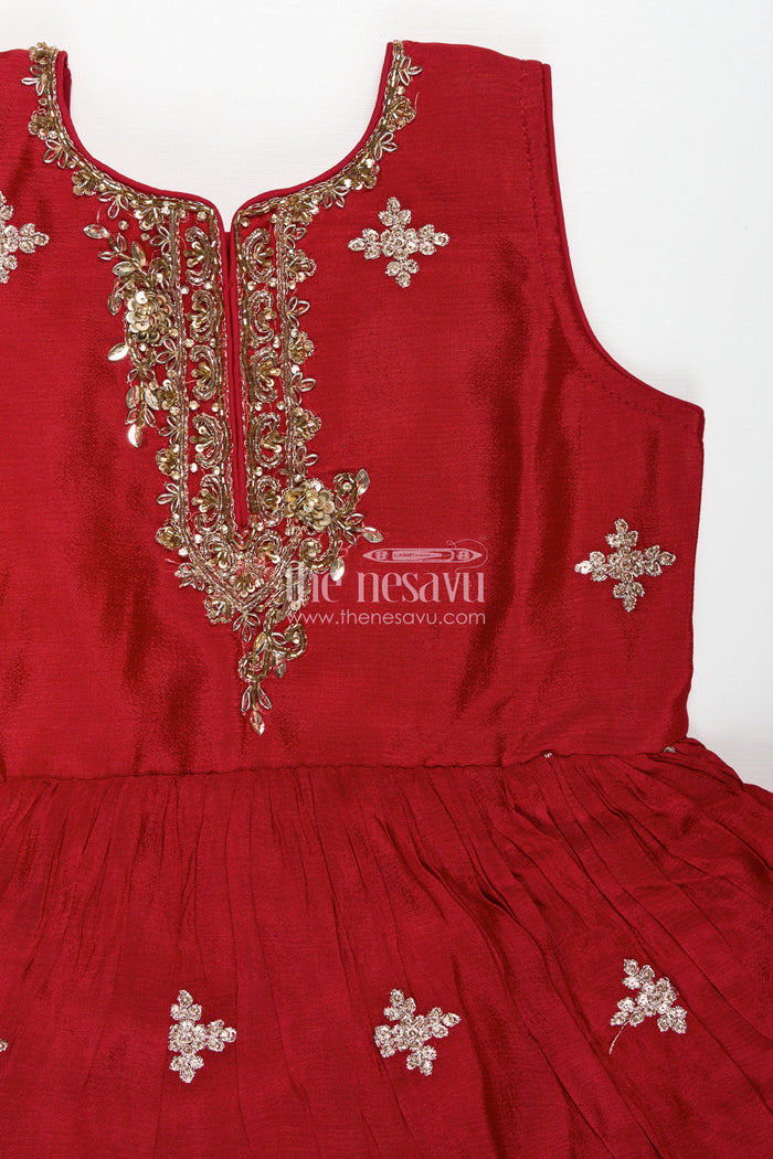 The Nesavu Girls Sharara / Plazo Set Sharara Dress For Girls Wedding Wear With Dupatta Nesavu Nesavu Maroon Kids Sharara Dress Georgette Zari Embroidery Floral Dupatta Traditional Weddings