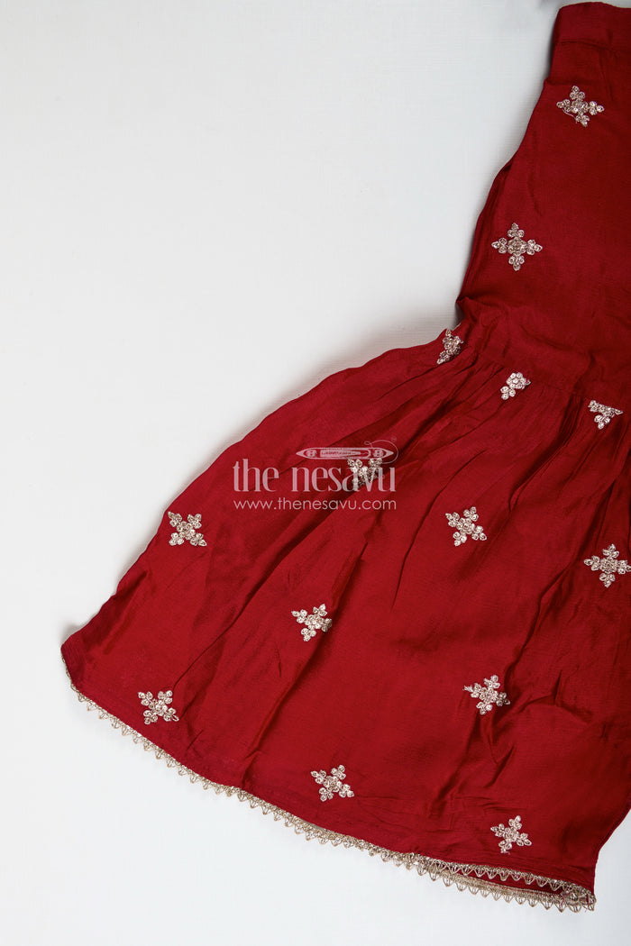 The Nesavu Girls Sharara / Plazo Set Sharara Dress For Girls Wedding Wear With Dupatta Nesavu Nesavu Maroon Kids Sharara Dress Georgette Zari Embroidery Floral Dupatta Traditional Weddings