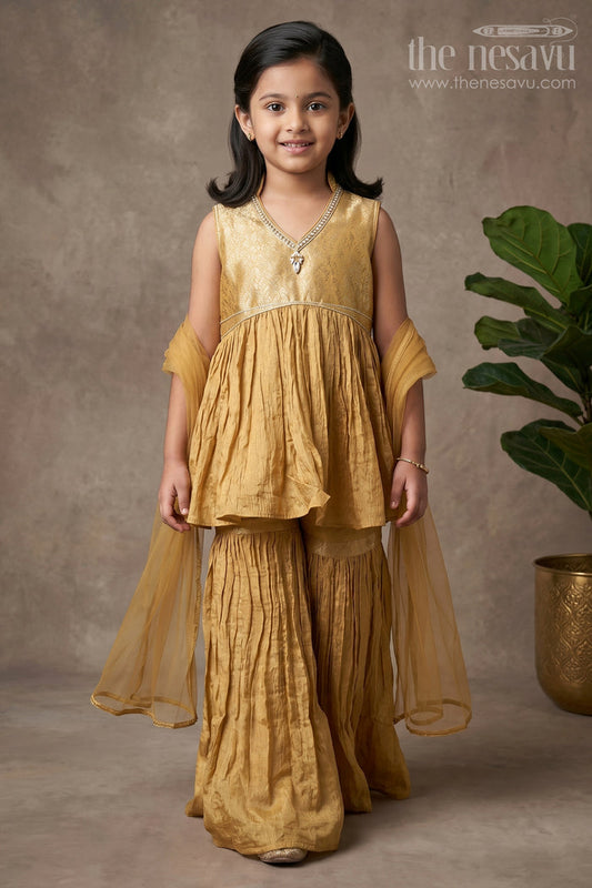 The Nesavu Girls Sharara / Plazo Set Sharara Outfit for Girls in Mustard Organza with Embroidered Sleeveless Top and Ruffled Pants Nesavu 16 (1Y) / Yellow GPS620B-16 Sharara Outfit Girls Mustard Organza Ruffled Pants Embroidered Top | The Nesavu