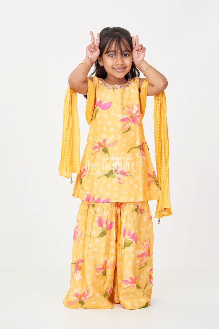 The Nesavu Girls Sharara / Plazo Set Sharara Outfits for Girls in Viscose Silk with Yellow Floral Print and Matching Dupatta Nesavu 16 (1Y) / Yellow GPS591A-16 Nesavu Sharara Outfits for Girls in Yellow Floral Digital Print with Viscose Silk and Dupatta
