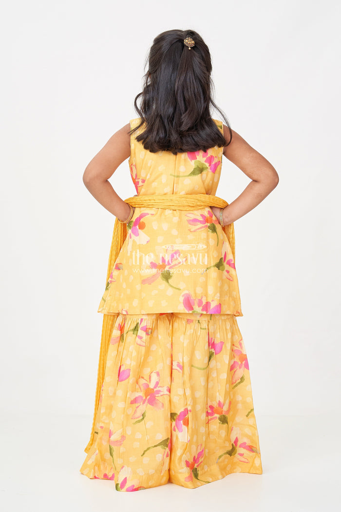 The Nesavu Girls Sharara / Plazo Set Sharara Outfits for Girls in Viscose Silk with Yellow Floral Print and Matching Dupatta Nesavu Nesavu Sharara Outfits for Girls in Yellow Floral Digital Print with Viscose Silk and Dupatta