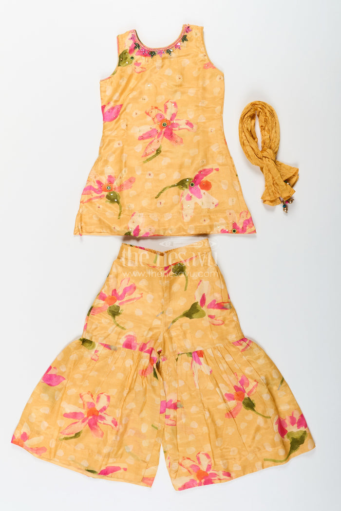 The Nesavu Girls Sharara / Plazo Set Sharara Outfits for Girls in Viscose Silk with Yellow Floral Print and Matching Dupatta Nesavu Nesavu Sharara Outfits for Girls in Yellow Floral Digital Print with Viscose Silk and Dupatta