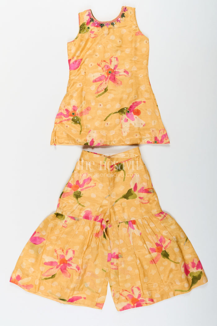 The Nesavu Girls Sharara / Plazo Set Sharara Outfits for Girls in Viscose Silk with Yellow Floral Print and Matching Dupatta Nesavu Nesavu Sharara Outfits for Girls in Yellow Floral Digital Print with Viscose Silk and Dupatta