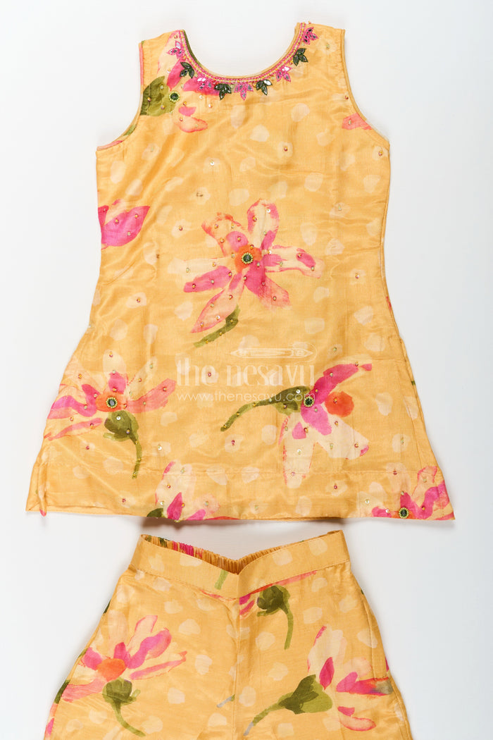 The Nesavu Girls Sharara / Plazo Set Sharara Outfits for Girls in Viscose Silk with Yellow Floral Print and Matching Dupatta Nesavu Nesavu Sharara Outfits for Girls in Yellow Floral Digital Print with Viscose Silk and Dupatta