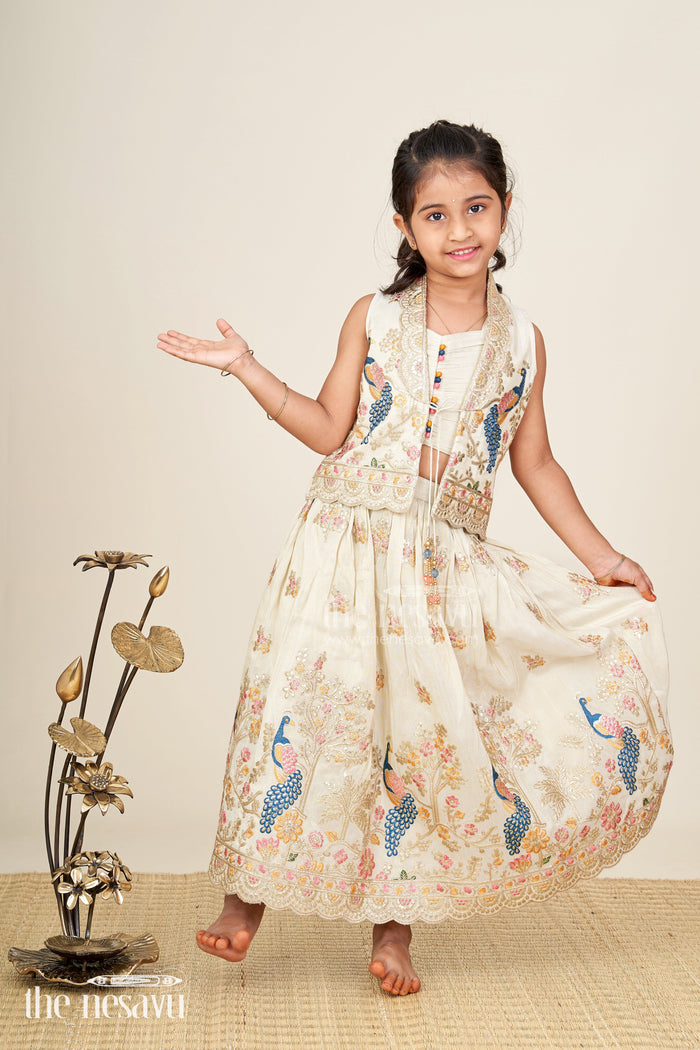 The Nesavu Girls Lehenga Choli Shimmer Embroidered Lehenga Choli For Girls Festive Wedding Wear With Peacock Motifs Nesavu 22 (4Y) / Cream GL806A-22 Nesavu Shimmer Embroidered Lehenga Choli Girls Festive Wedding Wear Peacock Motifs