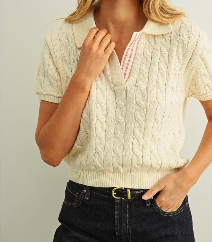Short Sleeve Knitted Polo Shirt - Beige/Pink