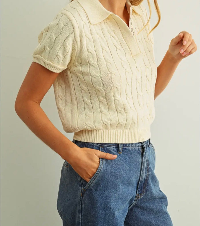 Short Sleeve Knitted Polo Shirt - Beige/Pink