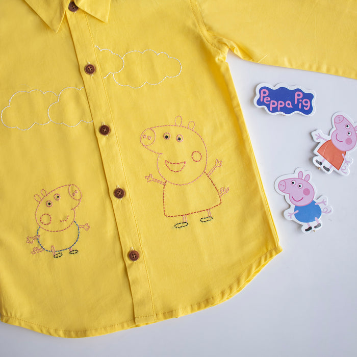 Sibling Pigs Embroidered Unisex Shirt - Yellow (1-8 Years)