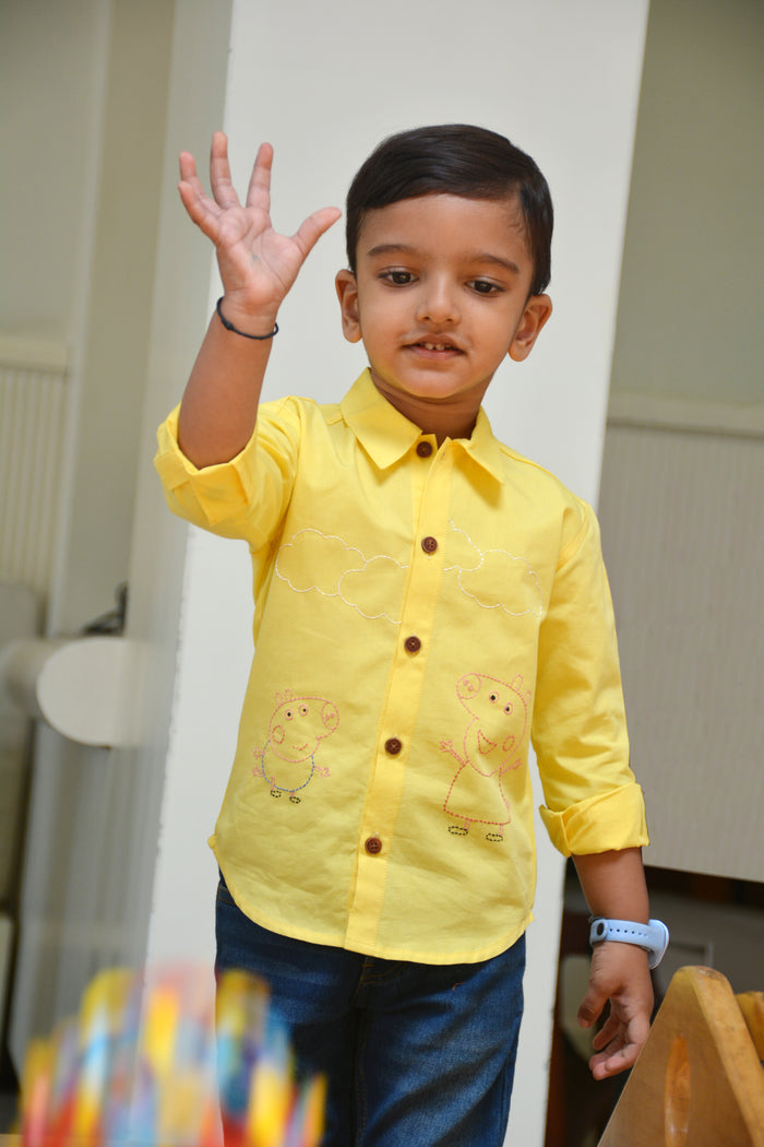 Sibling Pigs Embroidered Unisex Shirt - Yellow (1-8 Years)