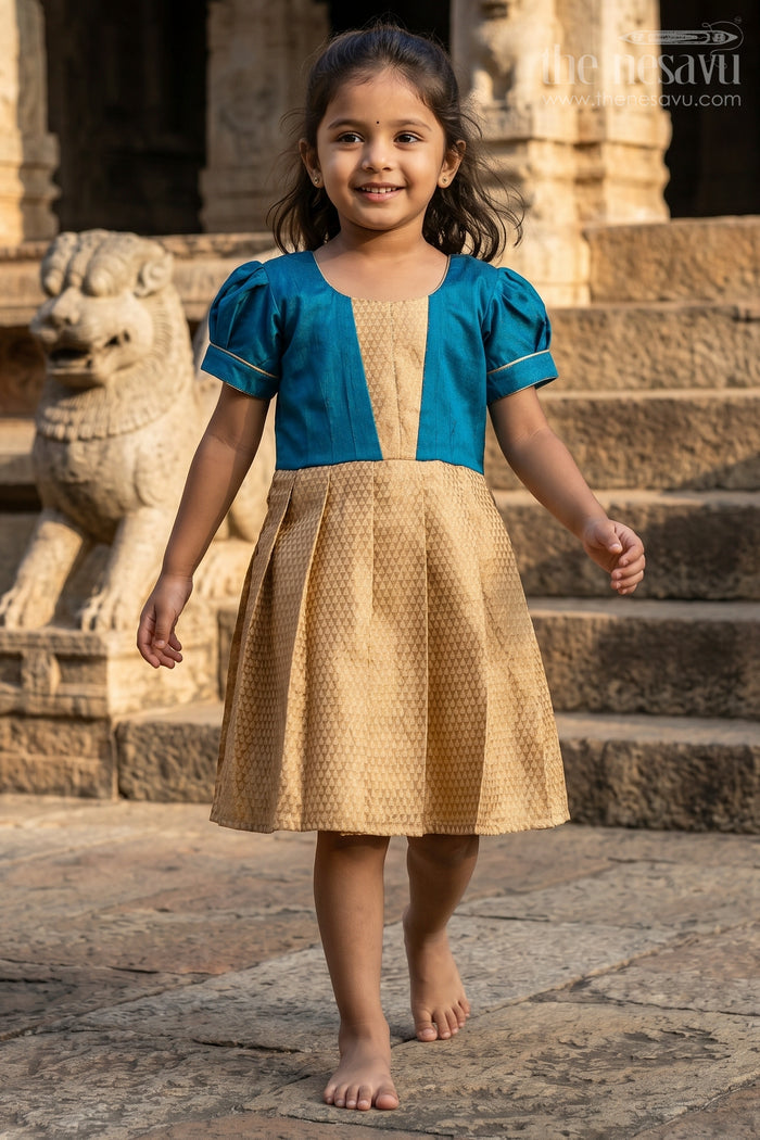 The Nesavu Silk Frock Silk Dres for Girls with Blue Raw Silk Top and Golden Tissue Silk Skirt for Elegant Festive Look Nesavu 18 (2Y) / Yellow SF1014B-18 Nesavu Silk Dres Girls Blue Raw Silk Golden Tissue Skirt Puff Sleeves