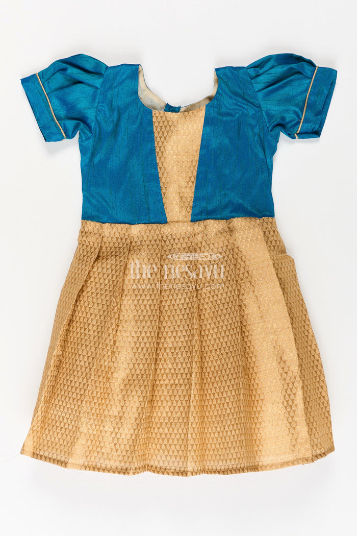 The Nesavu Silk Frock Silk Dres for Girls with Blue Raw Silk Top and Golden Tissue Silk Skirt for Elegant Festive Look Nesavu 18 (2Y) / Yellow SF1014B-18 Nesavu Silk Dres Girls Blue Raw Silk Golden Tissue Skirt Puff Sleeves