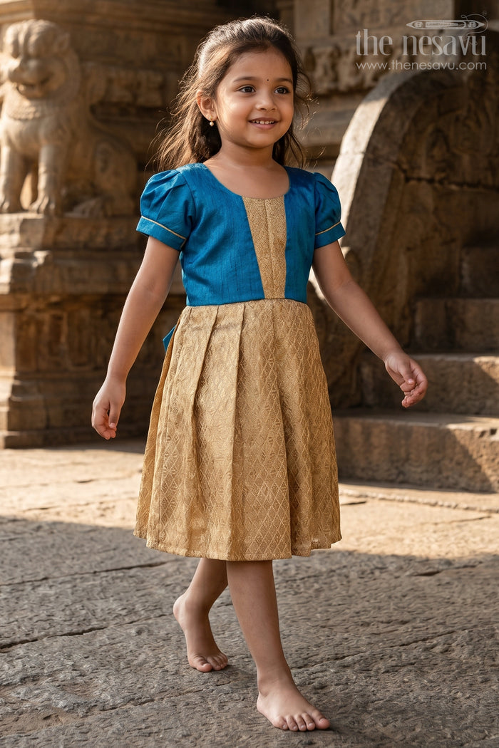 The Nesavu Silk Frock Silk Dresses for Girls in Blue and Gold with Raw Silk Bodice and Tissue Silk Flared Skirt Nesavu 18 (2Y) / Yellow SF1014A-18 Nesavu Silk Dresses Girls Blue Raw Silk Gold Tissue Silk Bottom Festive Occasions