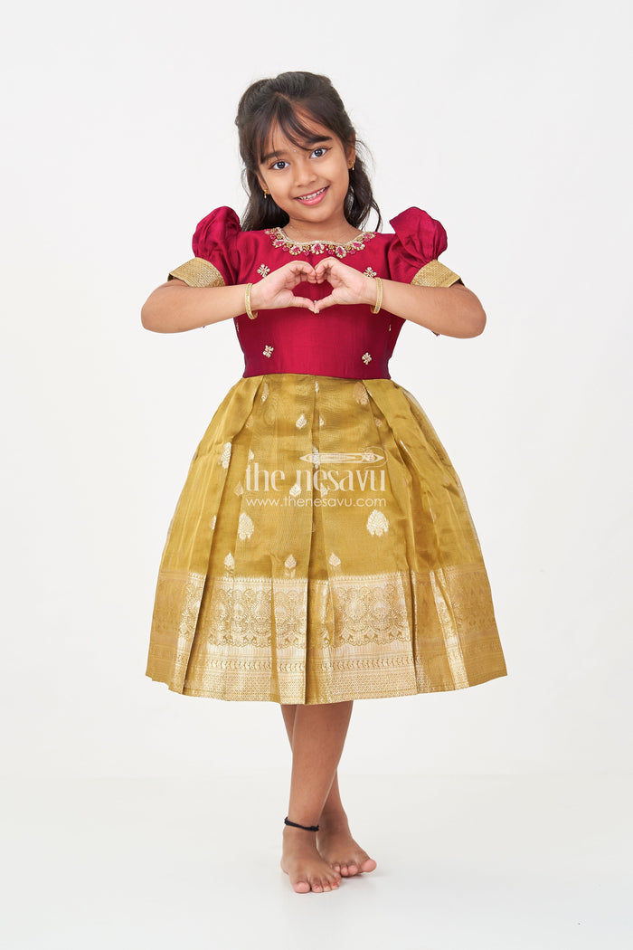 The Nesavu Silk Party Frock Silk Frocks for Girls with Maroon Embroidered Yoke and Gold Tissue Pleated Skirt for Festive Wear Nesavu 16 (1Y) / Green SF988A-16 Nesavu Silk Frocks for Girls with Maroon Embroidered Bodice and Gold Tissue Bottom for Festive Wear
