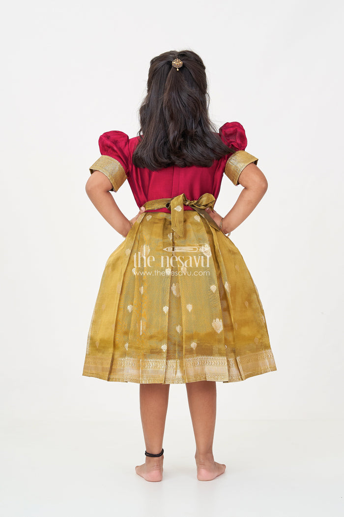 The Nesavu Silk Party Frock Silk Frocks for Girls with Maroon Embroidered Yoke and Gold Tissue Pleated Skirt for Festive Wear Nesavu Nesavu Silk Frocks for Girls with Maroon Embroidered Bodice and Gold Tissue Bottom for Festive Wear