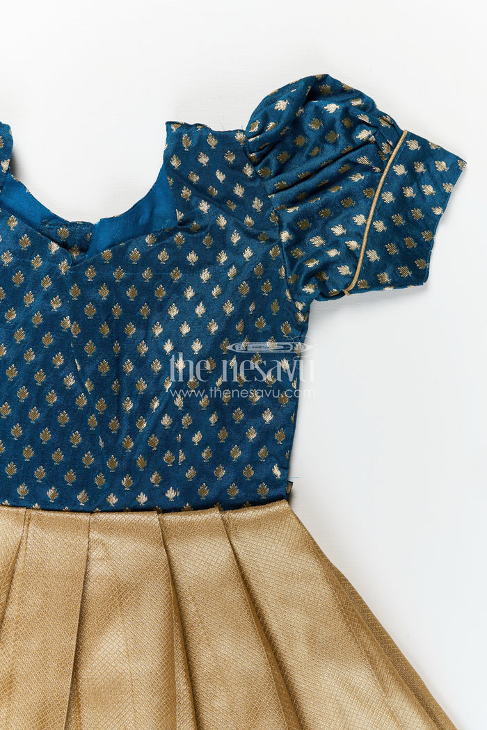 The Nesavu Silk Frock Silk Puff Dress for Girls with Navy Yoke and Gold Pleated Skirt Finished with Pink and Green Zari Border Nesavu Nesavu Silk Puff Dress Girls Butta Yoke Gold Pleated Skirt Zari Border