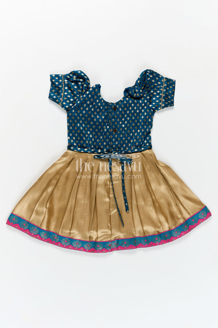 The Nesavu Silk Frock Silk Puff Dress for Girls with Navy Yoke and Gold Pleated Skirt Finished with Pink and Green Zari Border Nesavu Nesavu Silk Puff Dress Girls Butta Yoke Gold Pleated Skirt Zari Border