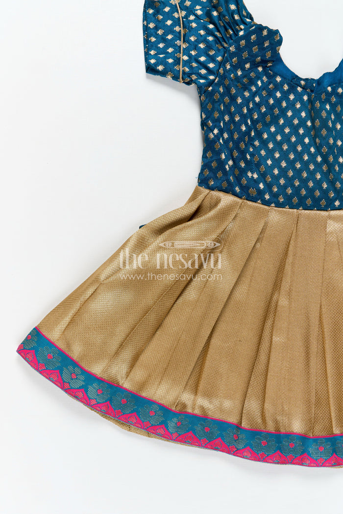 The Nesavu Silk Frock Silk Puff Dress for Girls with Navy Yoke and Gold Pleated Skirt Finished with Pink and Green Zari Border Nesavu Nesavu Silk Puff Dress Girls Butta Yoke Gold Pleated Skirt Zari Border