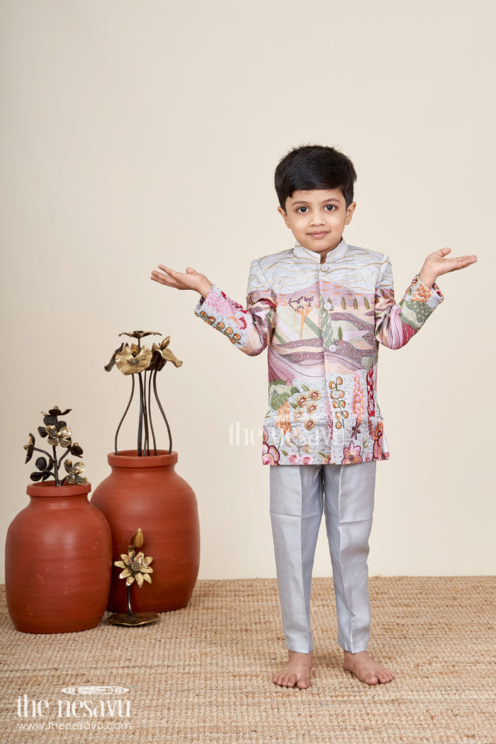 The Nesavu Boys Jacket Sets Silver silk boys jacket set with multicolor thread embroidery Nesavu 14 (6M) / Gray BES882A-14 Nesavu silver blend silk boys jacket set with multicolor embroidery
