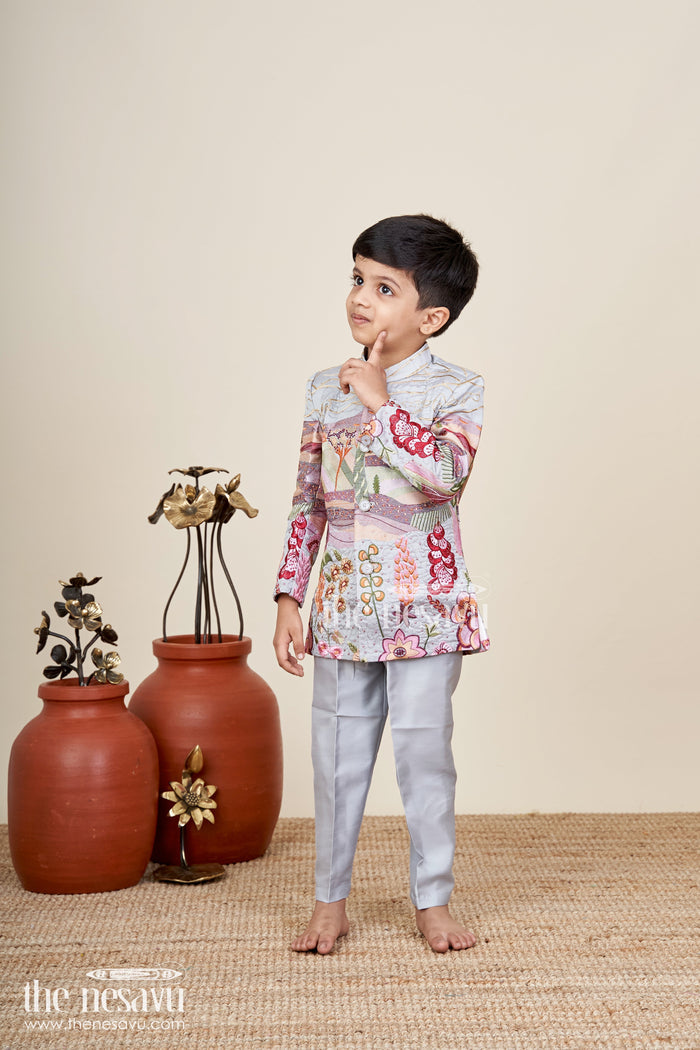 The Nesavu Boys Jacket Sets Silver silk boys jacket set with multicolor thread embroidery Nesavu Nesavu silver blend silk boys jacket set with multicolor embroidery