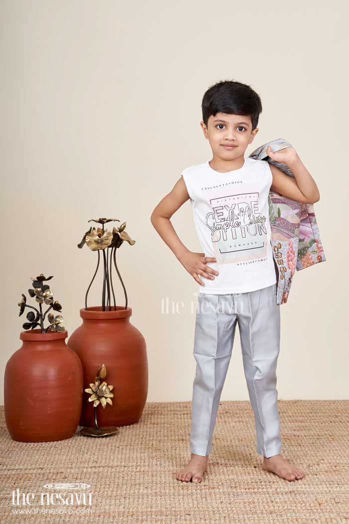 The Nesavu Boys Jacket Sets Silver silk boys jacket set with multicolor thread embroidery Nesavu Nesavu silver blend silk boys jacket set with multicolor embroidery