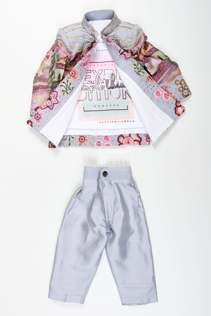 The Nesavu Boys Jacket Sets Silver silk boys jacket set with multicolor thread embroidery Nesavu Nesavu silver blend silk boys jacket set with multicolor embroidery
