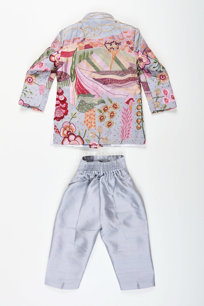 The Nesavu Boys Jacket Sets Silver silk boys jacket set with multicolor thread embroidery Nesavu Nesavu silver blend silk boys jacket set with multicolor embroidery