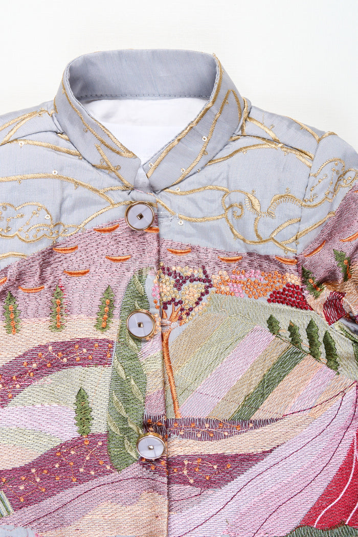 The Nesavu Boys Jacket Sets Silver silk boys jacket set with multicolor thread embroidery Nesavu Nesavu silver blend silk boys jacket set with multicolor embroidery