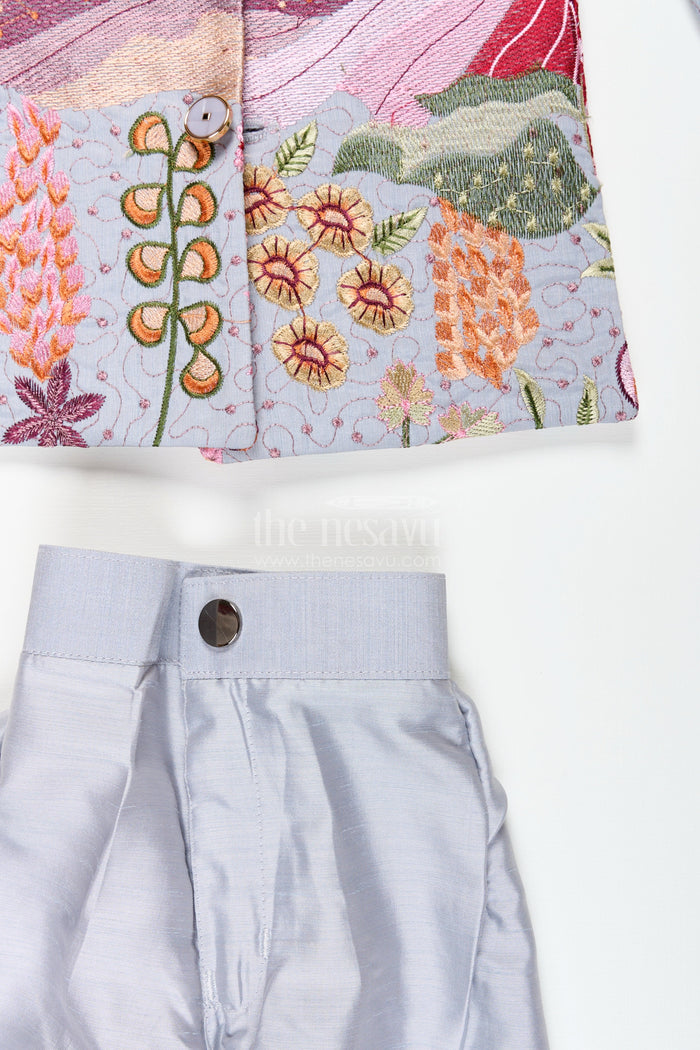 The Nesavu Boys Jacket Sets Silver silk boys jacket set with multicolor thread embroidery Nesavu Nesavu silver blend silk boys jacket set with multicolor embroidery