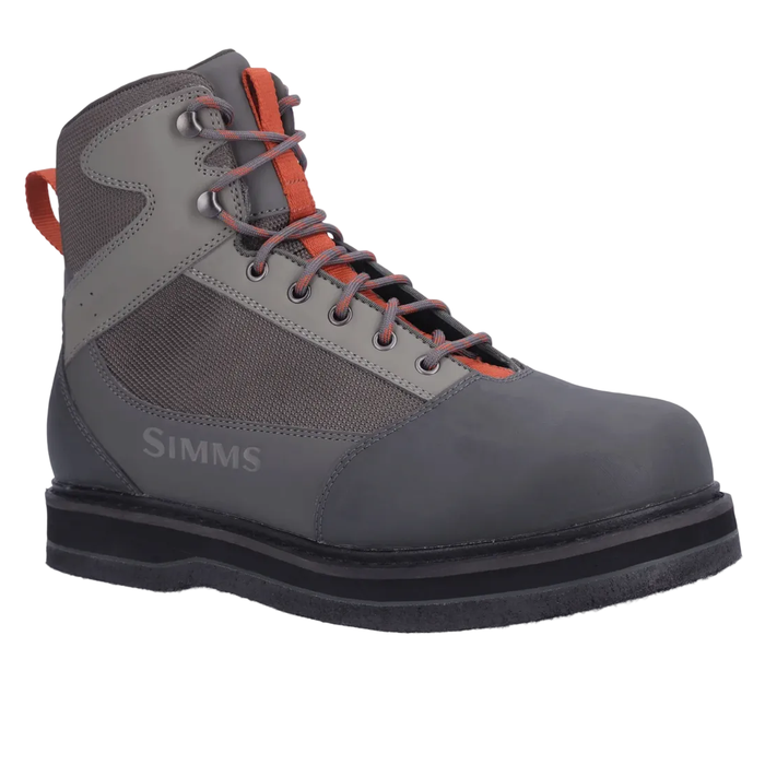 Simms Tributary Boot side profile showing synthetic leather, mesh, and neoprene lining