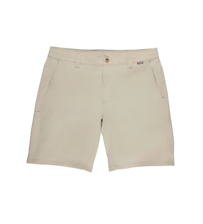 Simms Superlight Shorts in Burnished Clay, front view showing fixed waistband with belt loops and zippered fly