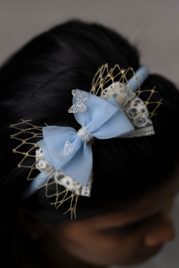 The Nesavu Hair Band Sky Blue Serenity Butterfly Hairbow with Golden Lace Nesavu Blue JHB79D Butterfly Bow with Sky Blue Satin and Golden Lace | Whimsical Hair Accessory | The Nesavu