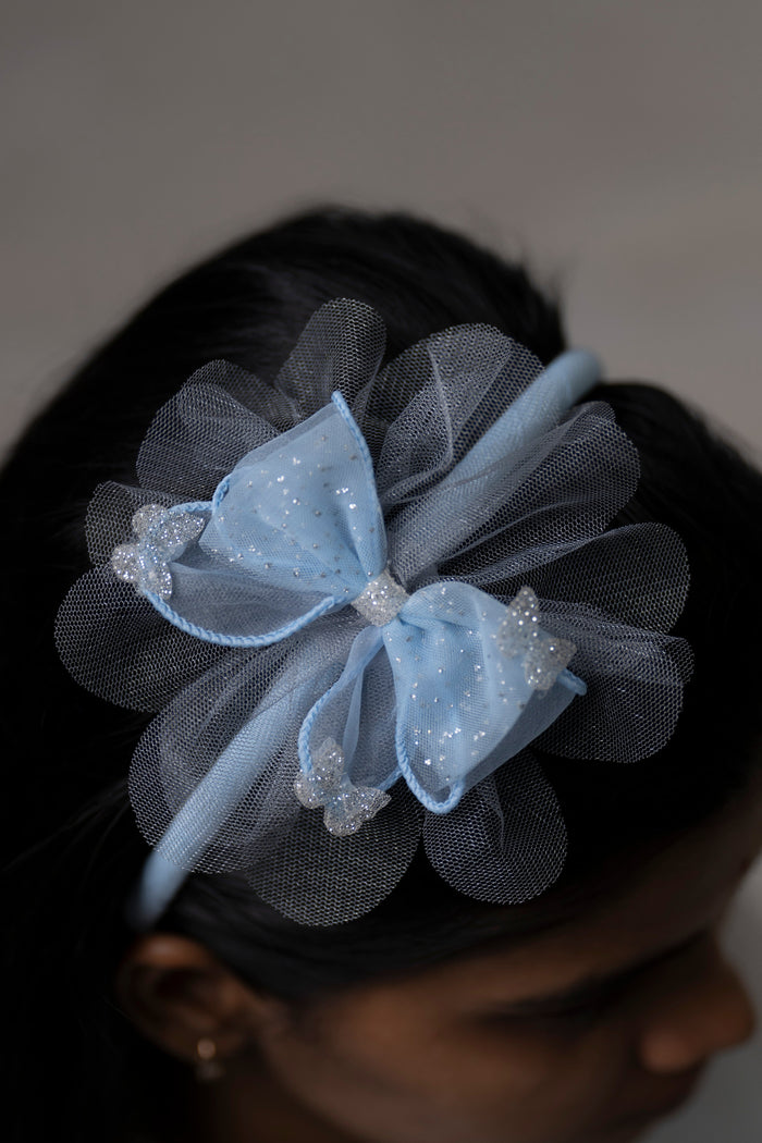 The Nesavu Hair Band Sky Blue Starry Glitter Tulle Hairbow on Elegant Hairband Nesavu Blue JHB76C Starry Night Sky Blue Glitter Hairbow | Dreamy Hair Accessory for Stylish Looks | The Nesavu