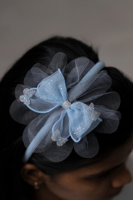 The Nesavu Hair Band Sky Blue Starry Glitter Tulle Hairbow on Elegant Hairband Nesavu Blue JHB76C Starry Night Sky Blue Glitter Hairbow | Dreamy Hair Accessory for Stylish Looks | The Nesavu