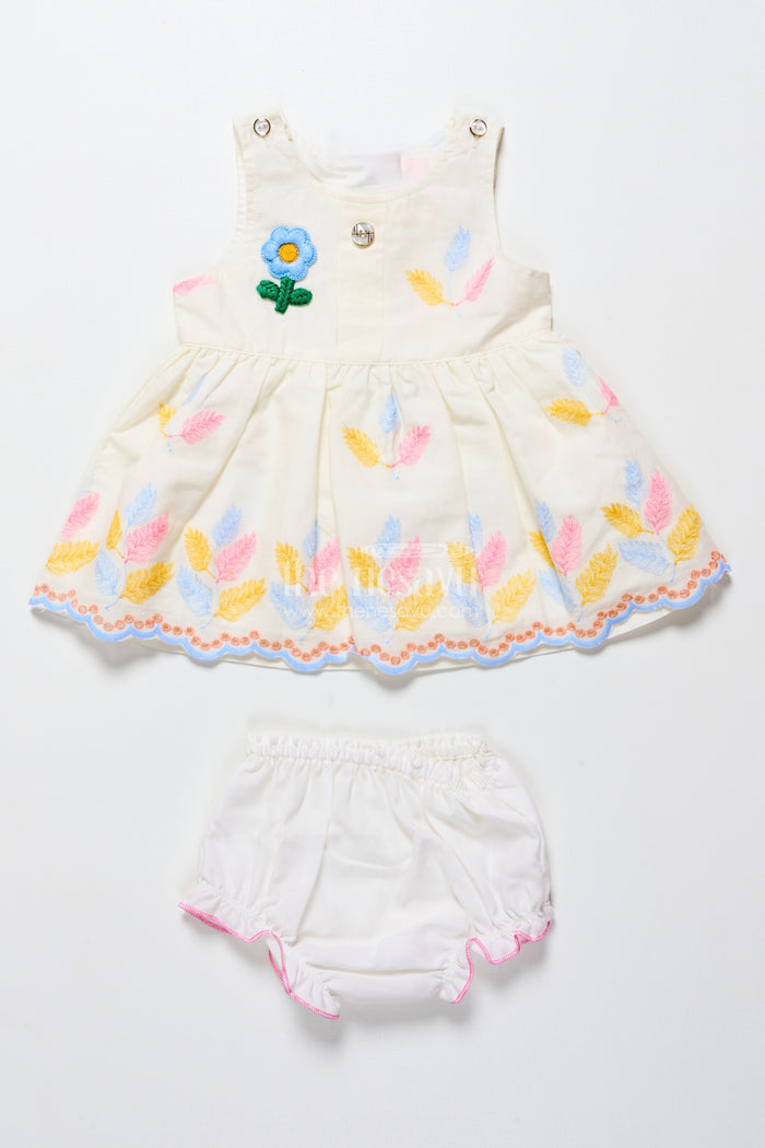 The Nesavu Baby Frocks Sleeveless Baby Frock with Floral Embroidery and Pastel Feather Design Nesavu 14 (6M) / White BFJ850A-14 Nesavu cream embroidered sleeveless baby frock with pastel leaf design