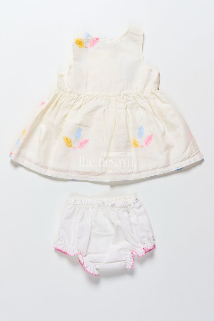The Nesavu Baby Frocks Sleeveless Baby Frock with Floral Embroidery and Pastel Feather Design Nesavu Nesavu cream embroidered sleeveless baby frock with pastel leaf design