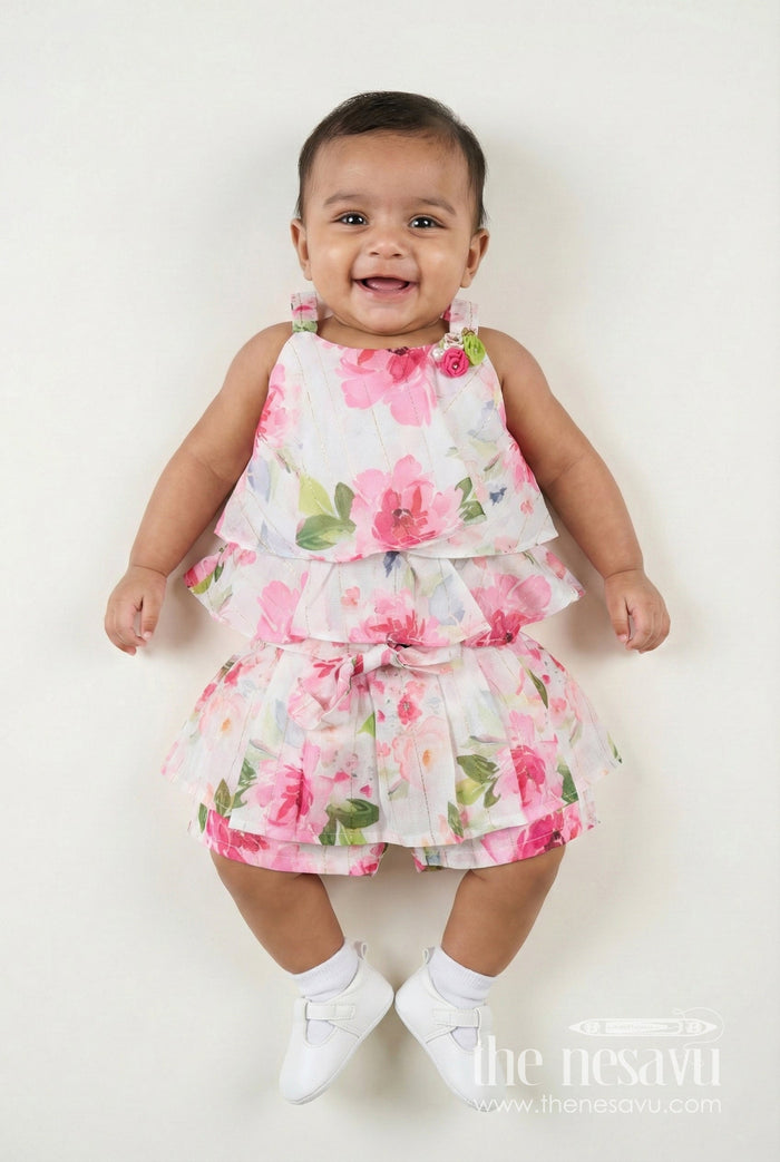 The Nesavu Girls Casual Set Sleeveless Floral Casual Set for Toddler Girls for Outings and Summer Wear Nesavu 18 (2Y) / Pink BFJ858B-18 Nesavu toddler girls floral casual set bow belt  comfy outfit outings summer fun