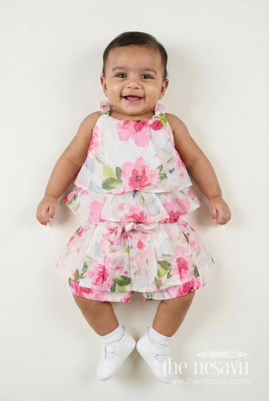 The Nesavu Girls Casual Set Sleeveless Floral Casual Set for Toddler Girls for Outings and Summer Wear Nesavu 18 (2Y) / Pink BFJ858B-18 Nesavu toddler girls floral casual set bow belt  comfy outfit outings summer fun