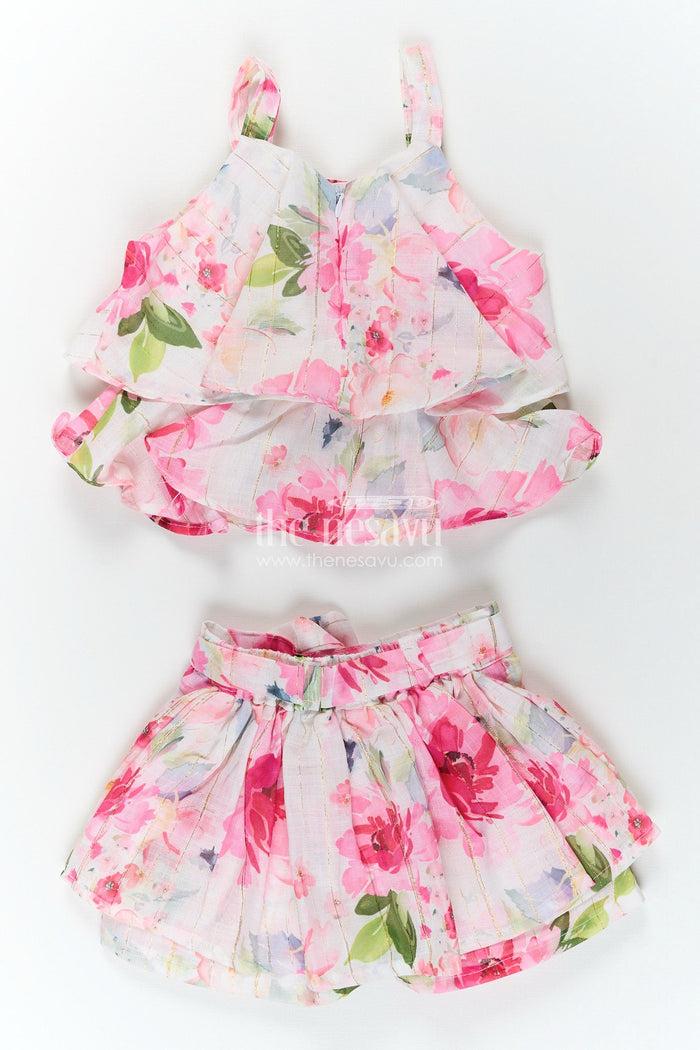 The Nesavu Sleeveless floral casual set for toddler girls for outings and summer wear Nesavu Nesavu toddler girls floral casual set bow belt  comfy outfit outings summer fun